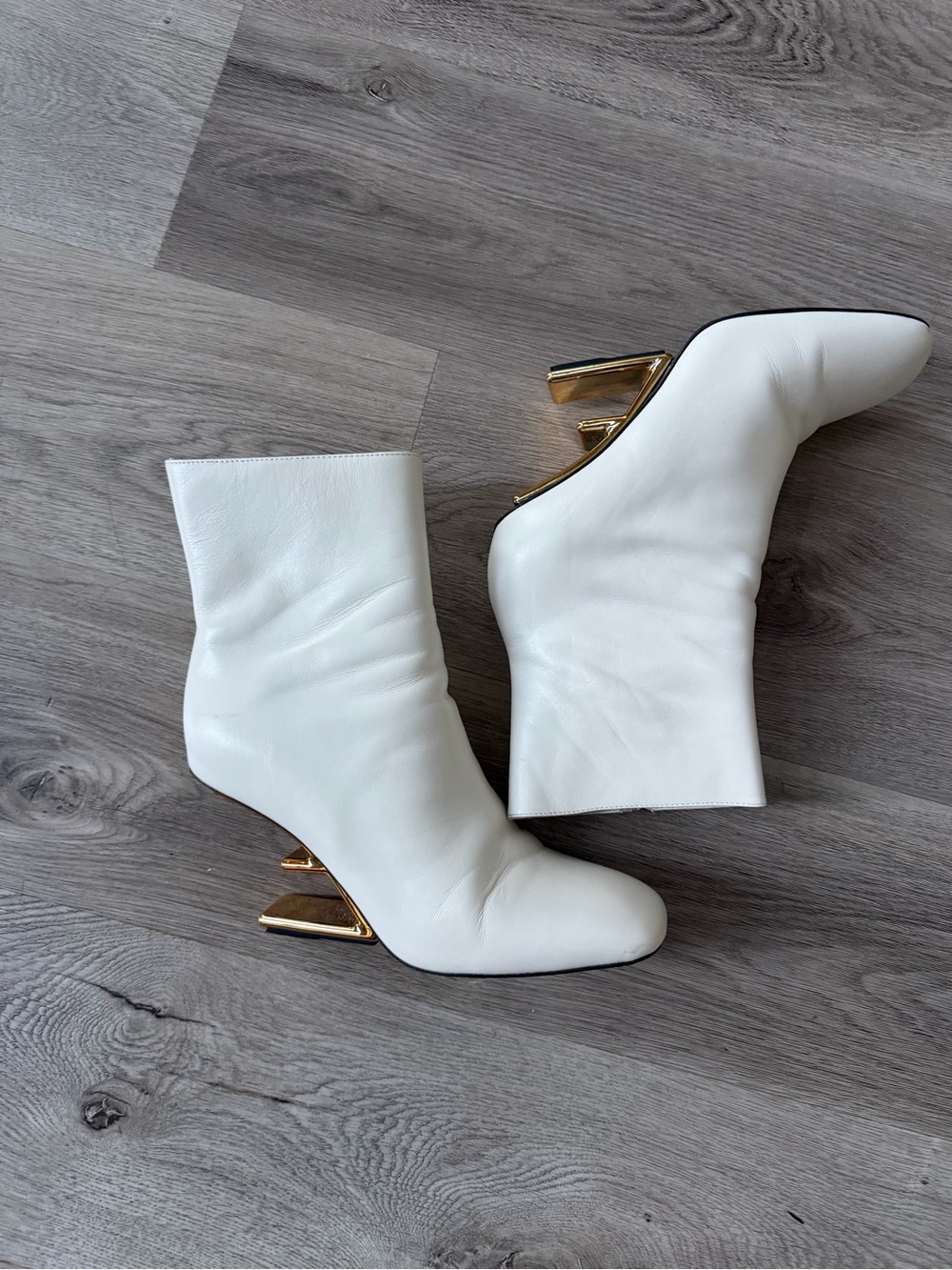 Fendi Ivory Leather Ankle Boots with Gold Sculptural Heel